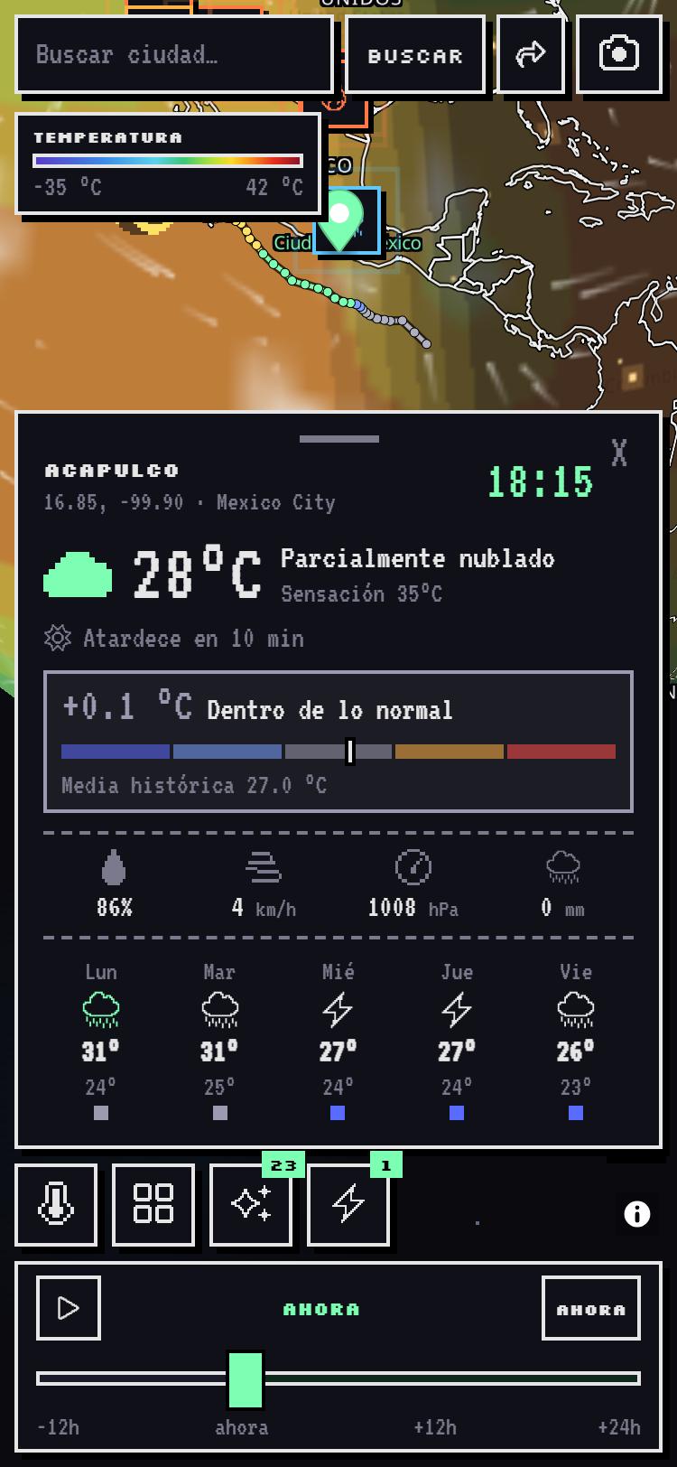 Climapi en un móvil: panel de clima como hoja inferior, dock horizontal y línea de tiempo