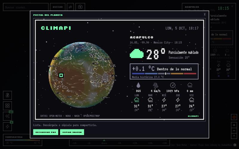 La postal generada para Acapulco: globo pixelado, temperatura, anomalía y pronóstico de cinco días