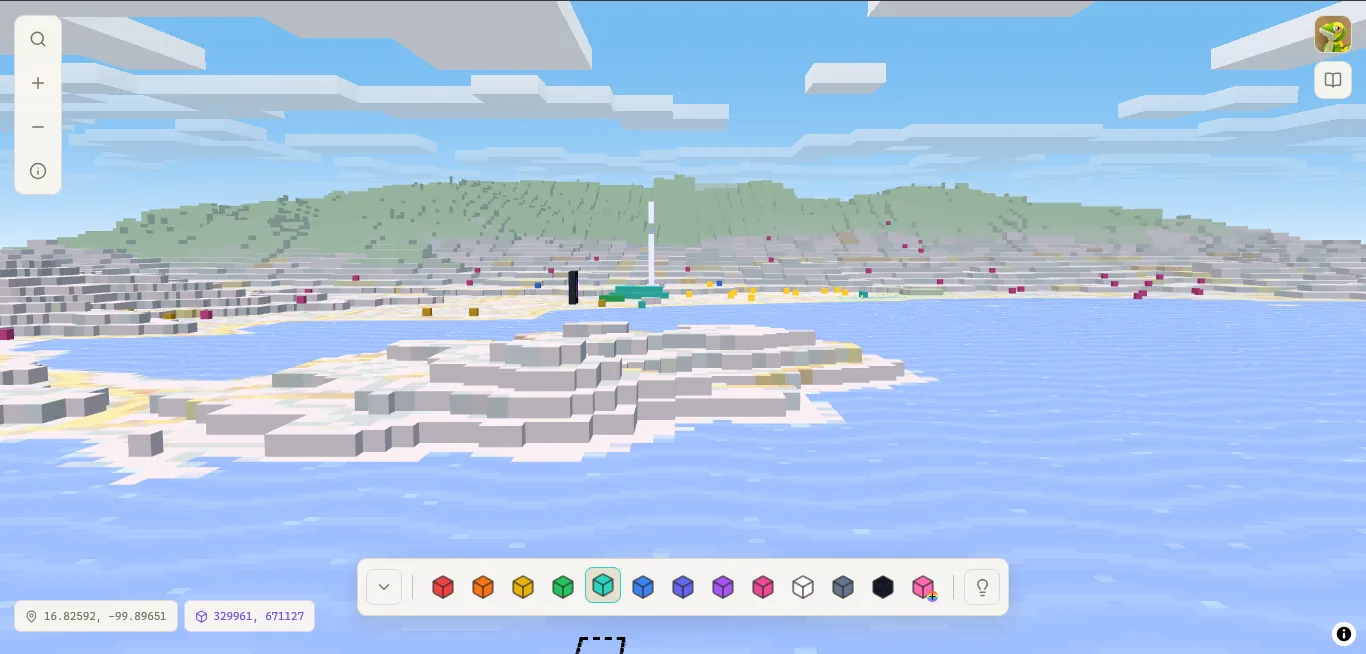 Cube.World de día: una costa de voxeles con nubes de cajas, la paleta de colores y los controles