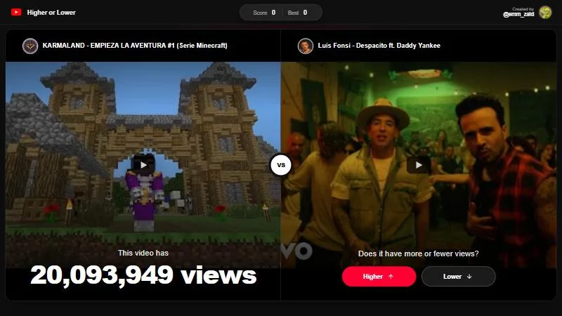 Higher or Lower: dos videos de YouTube frente a frente y la pregunta de si el segundo tiene más o menos vistas